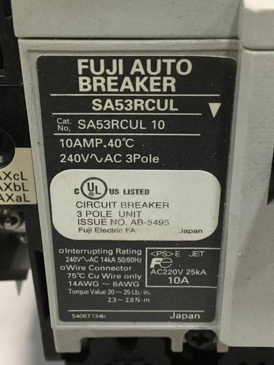 Used FUJI ELECTRIC 10 Amp Circuit Breaker SA53RCUL/10 #104495