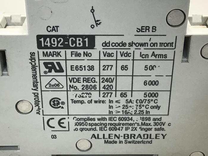 Used ALLEN BRADLEY 1492-CB1/H200 SER B