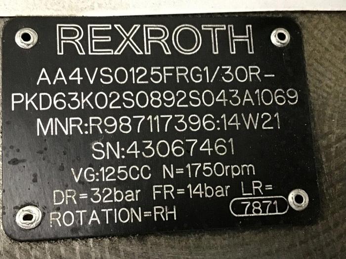 Used REXROTH Pump AA4VS0125FRG130RPKD63K02S0892S043A1069 Used