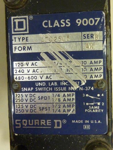 Used SQUARE D Limit Switch 9007-AEQ2545 #62745