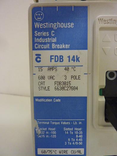 Used WESTINGHOUSE 15 Amp Circuit Breaker FDB3015 #46716