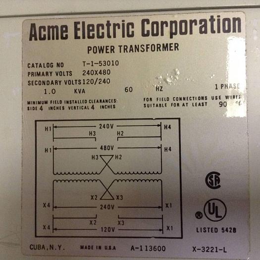 Used ACME ELECTRIC 1.0 kVA Transformer T-1-53010 #86523