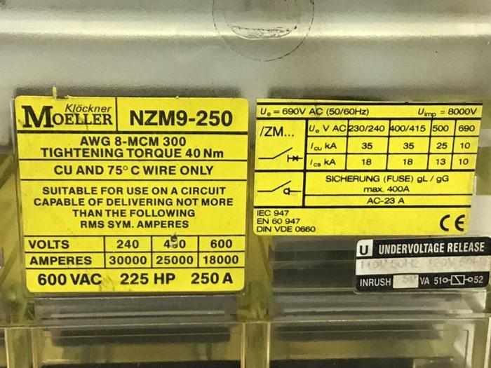 Used MOELLER 250 Amp Circuit Breaker NZM9-250 / DISCONNECT #133369