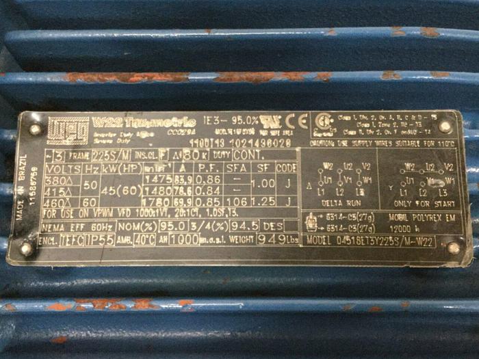 Used WEG 60 HP Motor 04518ET3Y225S/M-W22 Used