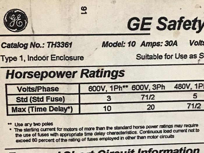 Used GENERAL ELECTRIC / GE 30 Amp Safety Switch TH3361 #120468