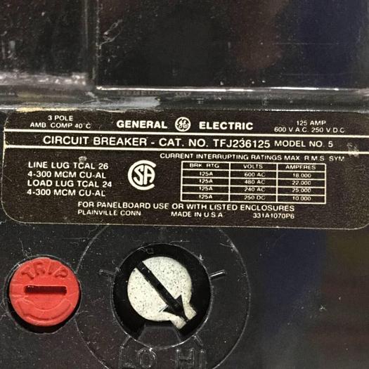 Used GENERAL ELECTRIC / GE 125 Amp Circuit Breaker TFJ236125 Used