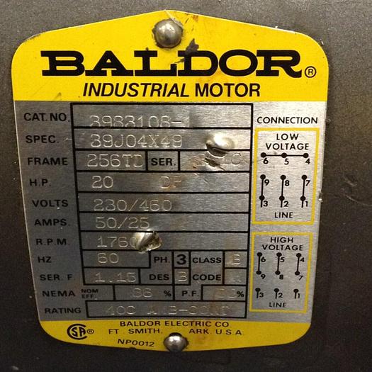 Used BALDOR 20 HP Industrial Motor 3983108-1 #79233