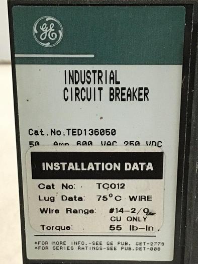 Used GE 50 Amp Breaker TED136050 / DISCONNECT #138640