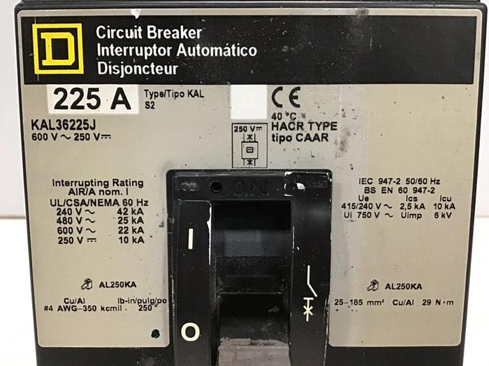 Used SQUARE D 225 Amp Circuit Breaker KAL36225J #141311
