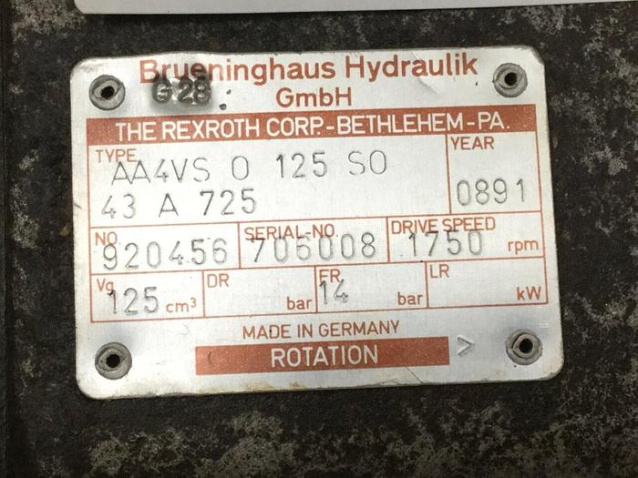 Used BRUENINGHAUS HYDROMATIK Hydraulic Pump AA4VS 0 125 S0 43 A 725 Used