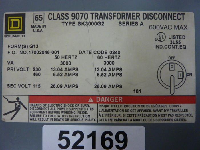 Used SQUARE D Transformer Disconnect 9070-SK3000G2 #52169