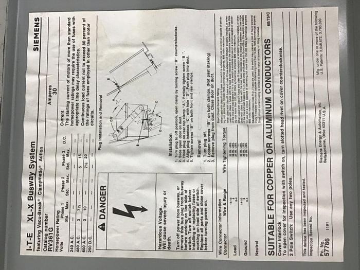 Used ITE SIEMENS 30 Amp Bus Disconnect Switch RV361G #137249
