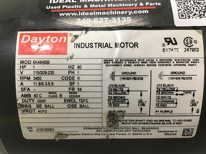 Used DAYTON 1 HP Industrial Motor 6K484BB #132940