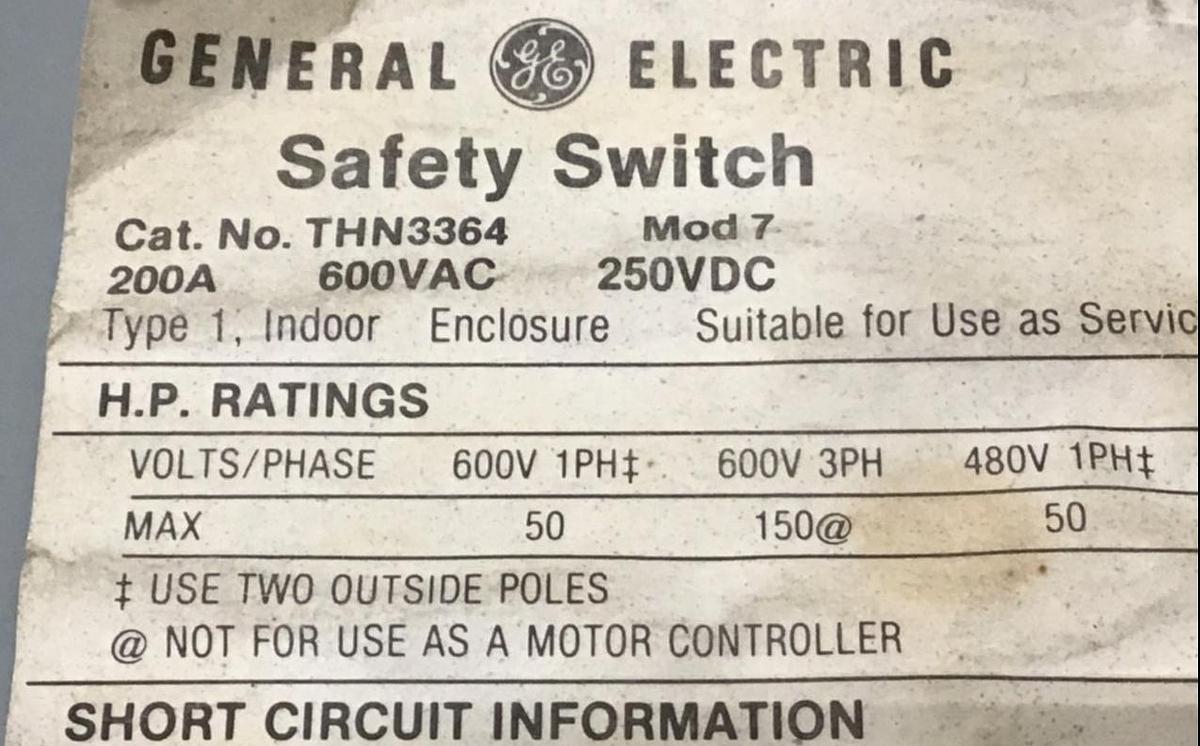 Used GENERAL ELECTRIC 200 Amp Safety Switch THN3364 USED
