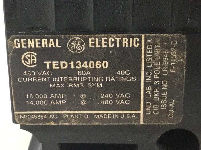Used GE 60 Amp Circuit Breaker TED134060 #127468