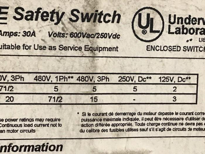 Used GENERAL ELECTRIC / GE 30 Amp Safety Switch TH3361 #120467
