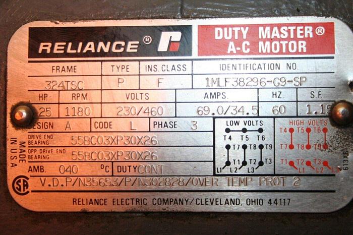 Used RELIANCE ELECTRIC 25 HP Motor 1MLF38296-G9-SP USED