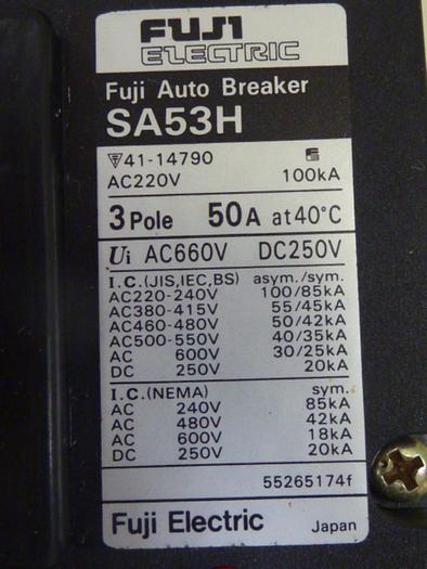 Used FUJI ELECTRIC 50 Amp Circuit Breaker SA53H-50 #46821