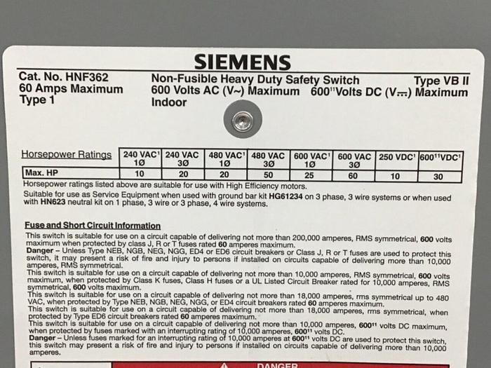 Used SIEMENS Heavy Duty Safety Disconnect Switch HNF362 #130005