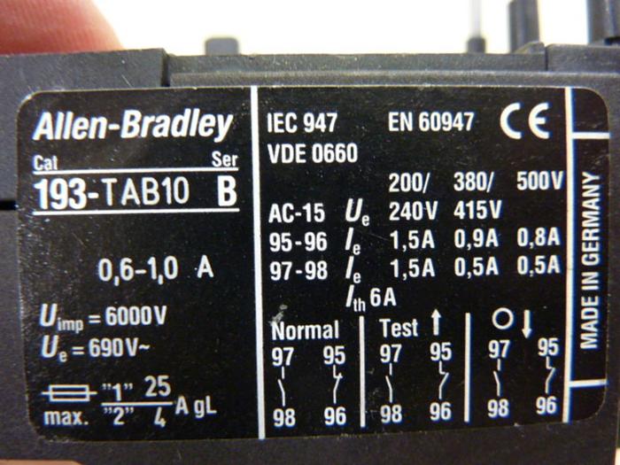 Used ALLEN BRADLEY Overload Relay 193-TAB10 SER B #52401