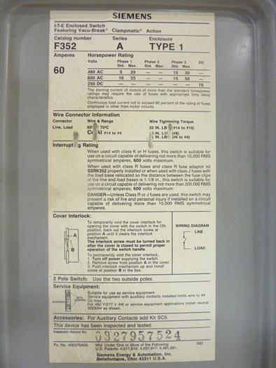 Used SIEMENS 60 Amp Safety Disconnect Switch F352 #42978