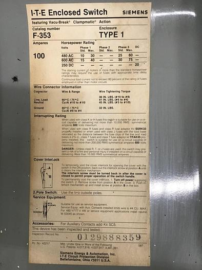 Used SIEMENS ITE Vacu-Break Disconnect Switch F-353 #127064