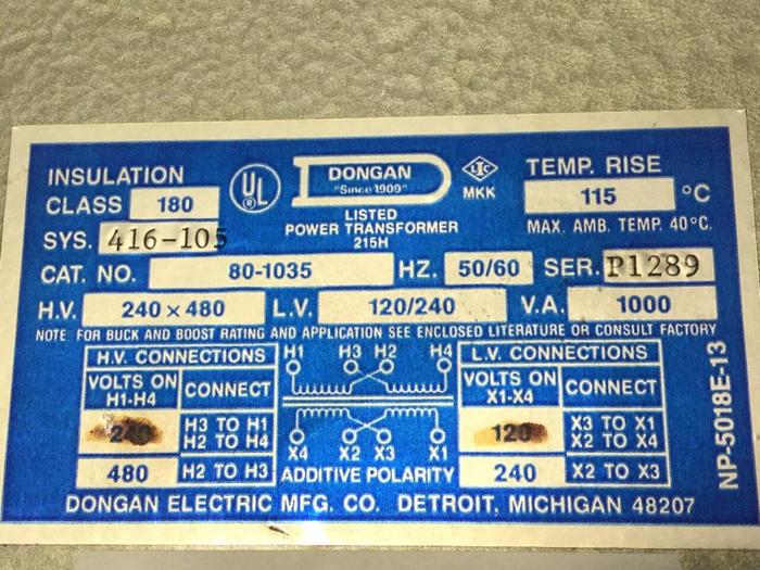 Used DONGAN 1 kVA General Purpose Transformer 80-1035 #102292