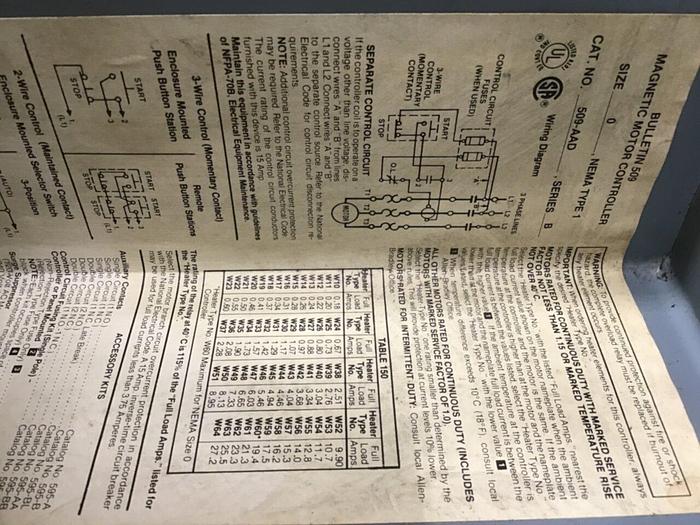 Used ALLEN BRADLEY Motor Starter Size 0 509-AAD SER B #127048
