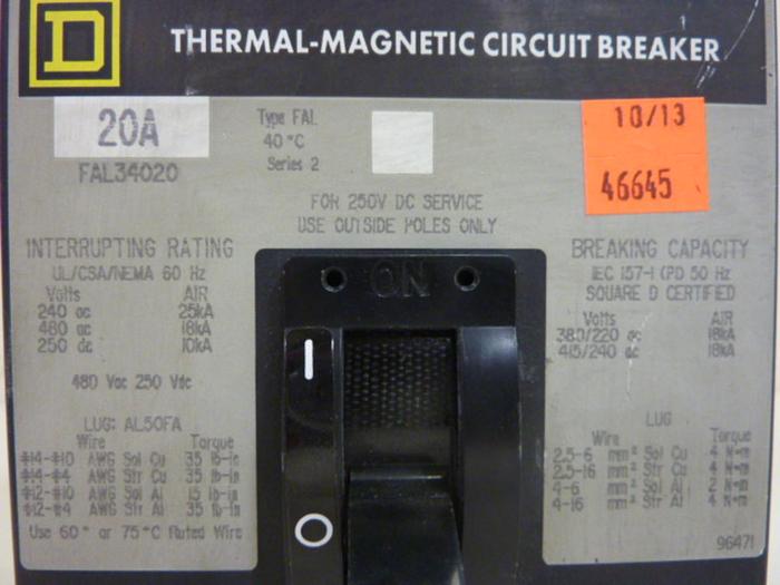 Used SQUARE D 20 Amp Circuit Breaker FAL34020 #46645