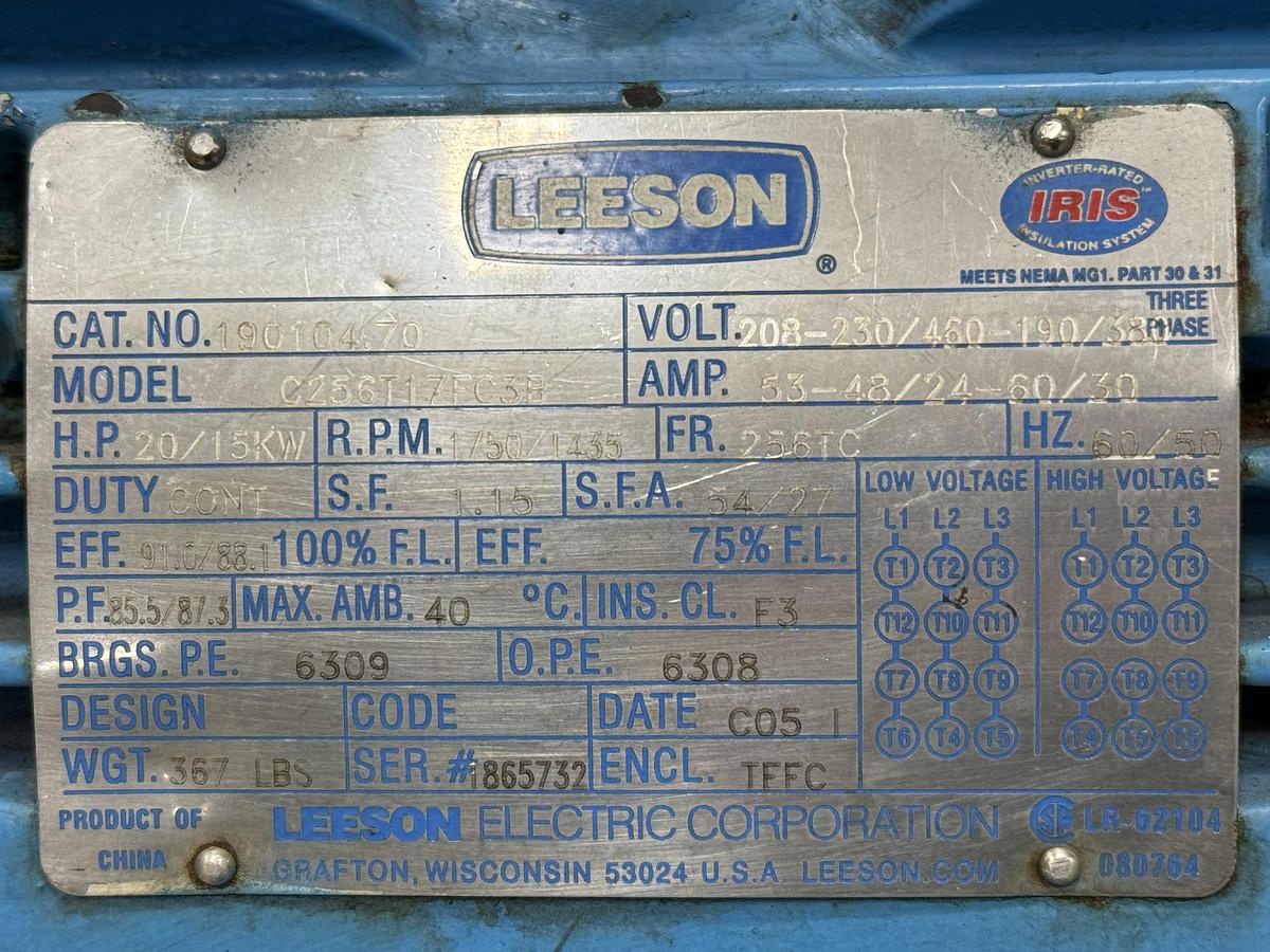 Used LEESON ELECTRIC CO 20 HP Motor C256T17FC3B #62616
