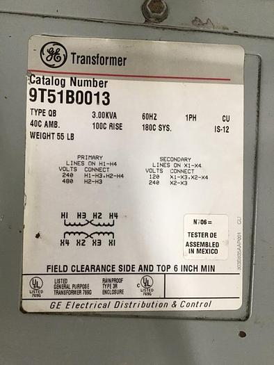Used GENERAL ELECTRIC 3.00 kVA Transformer 9T51B0013 #138833