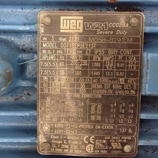 Used WEG 7.5 HP Motor 00718EP3E213T USED