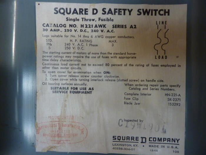 Used SQUARE D 30 Amp Safety Disconnect Switch H221AWK #28317