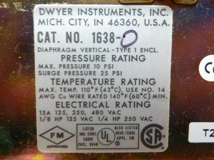 Used DWYER Pressure Switch 1638 #22832