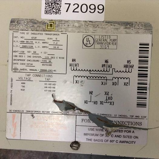 Used SQUARE D 6 kVA Transformer 6T2F #72099