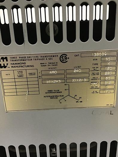 Used HAMMOND 30 kVA Autotransformer 138689 #124037