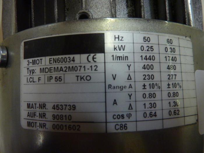 Used REXROTH Gear Reduction Motor 0.33/0.40 HP MDEMA2M071-12 USED