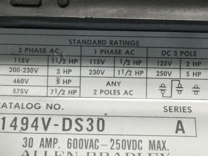 Used ALLEN BRADLEY 30 Amp Disconnect Switch 1494V-DS30 SER A #109613