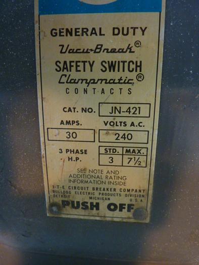 Used ITE SIEMENS 30 Amp Safety Disconnect Switch JN-421 #41601