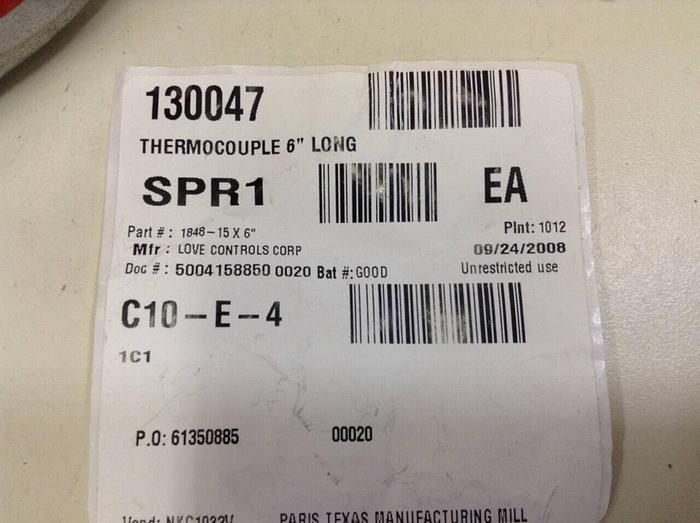 Used LOVE CONTROLS Thermocouple 6 inches long 1848-15X6 #70315