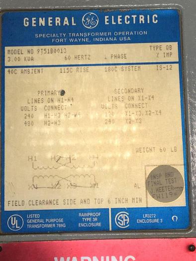 Used GENERAL ELECTRIC 3.00 kVA Transformer 9T51B0013 #102981