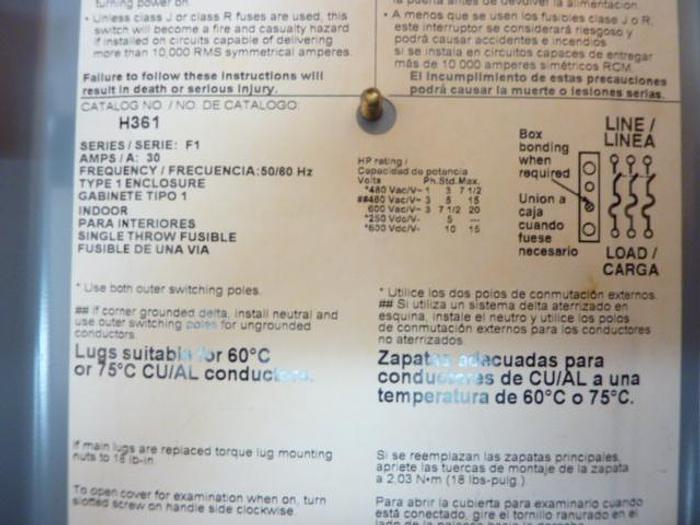 Used SQUARE D 30 Amp Safety Disconnect Switch H361 E1 Used