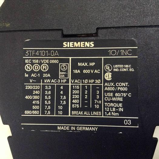 Used SIEMENS Contactor 3TF4101-0A #78325