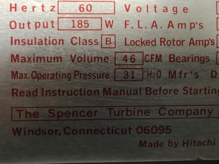 Used SPENCER Vortex Blower VB-002E-U #110086