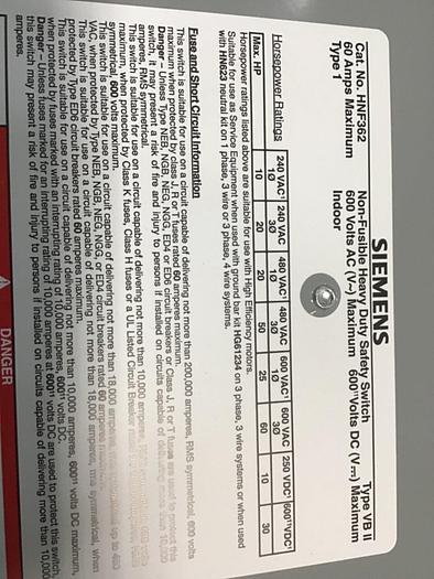 Used SIEMENS Heavy Duty Safety Disconnect Switch HNF362 #137863