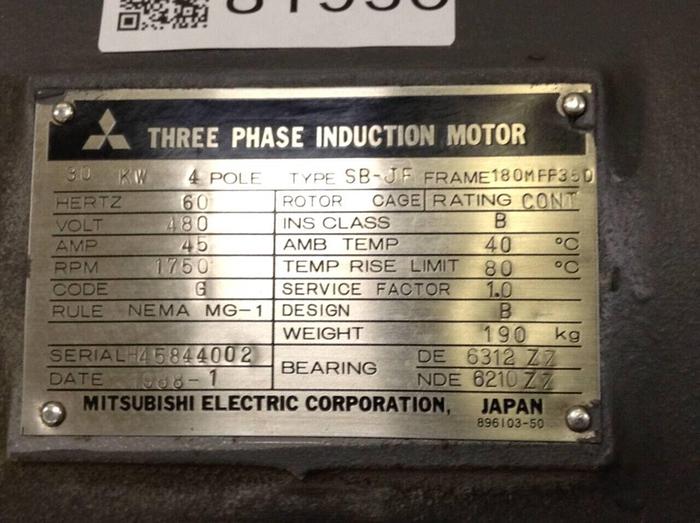 Used MITSUBISHI 40 HP Induction Motor SB-JF 40 HP Used