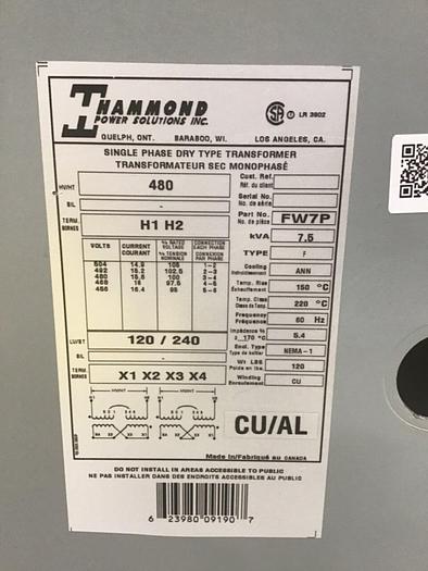 Used HAMMOND 7.5 kVA Transformer FW7P #138816