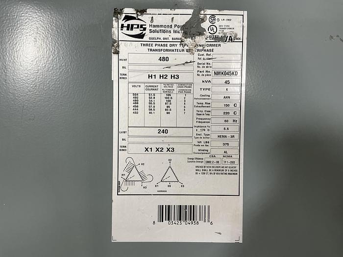 Used HAMMOND POWER SOLUTIONS NMK045KD