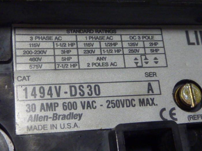 Used ALLEN BRADLEY 30 Amp Disconnect Switch 1494V-DS30 SER A #57402