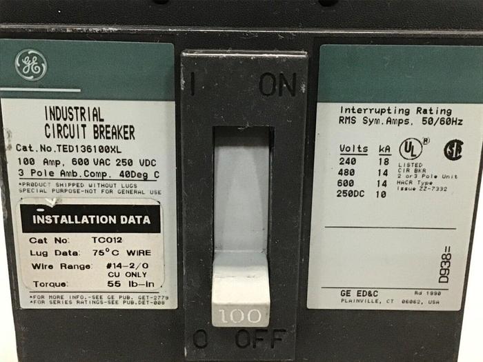 Used GENERAL ELECTRIC / GE 100 Amp Circuit Breaker TED136100XL Used